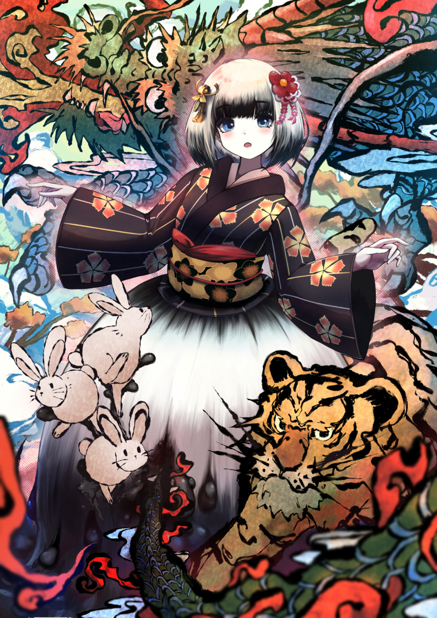 1girl, :o, animal, black_dress, black_hair, black_kimono, blue_eyes, colored_tips