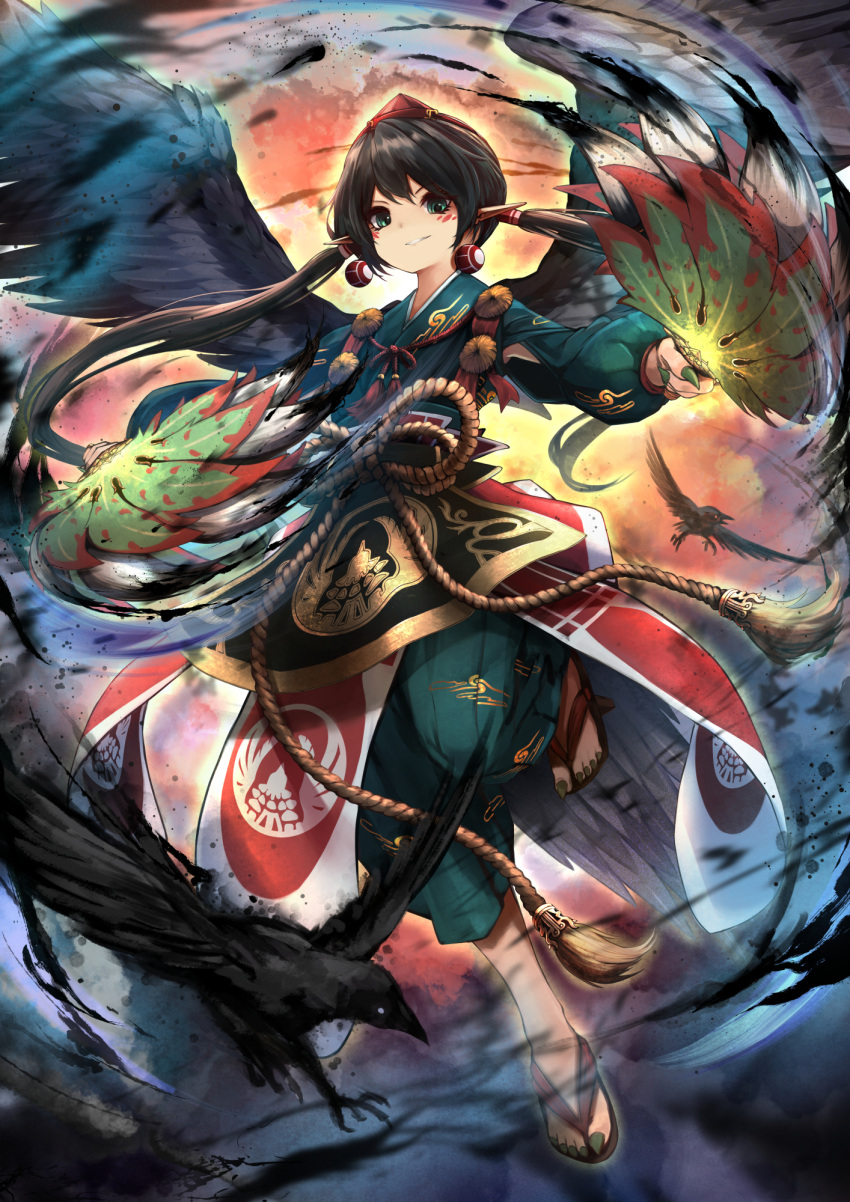 1girl, animal, bird, bird_wings, black_hair, black_wings, commentary_request, crow