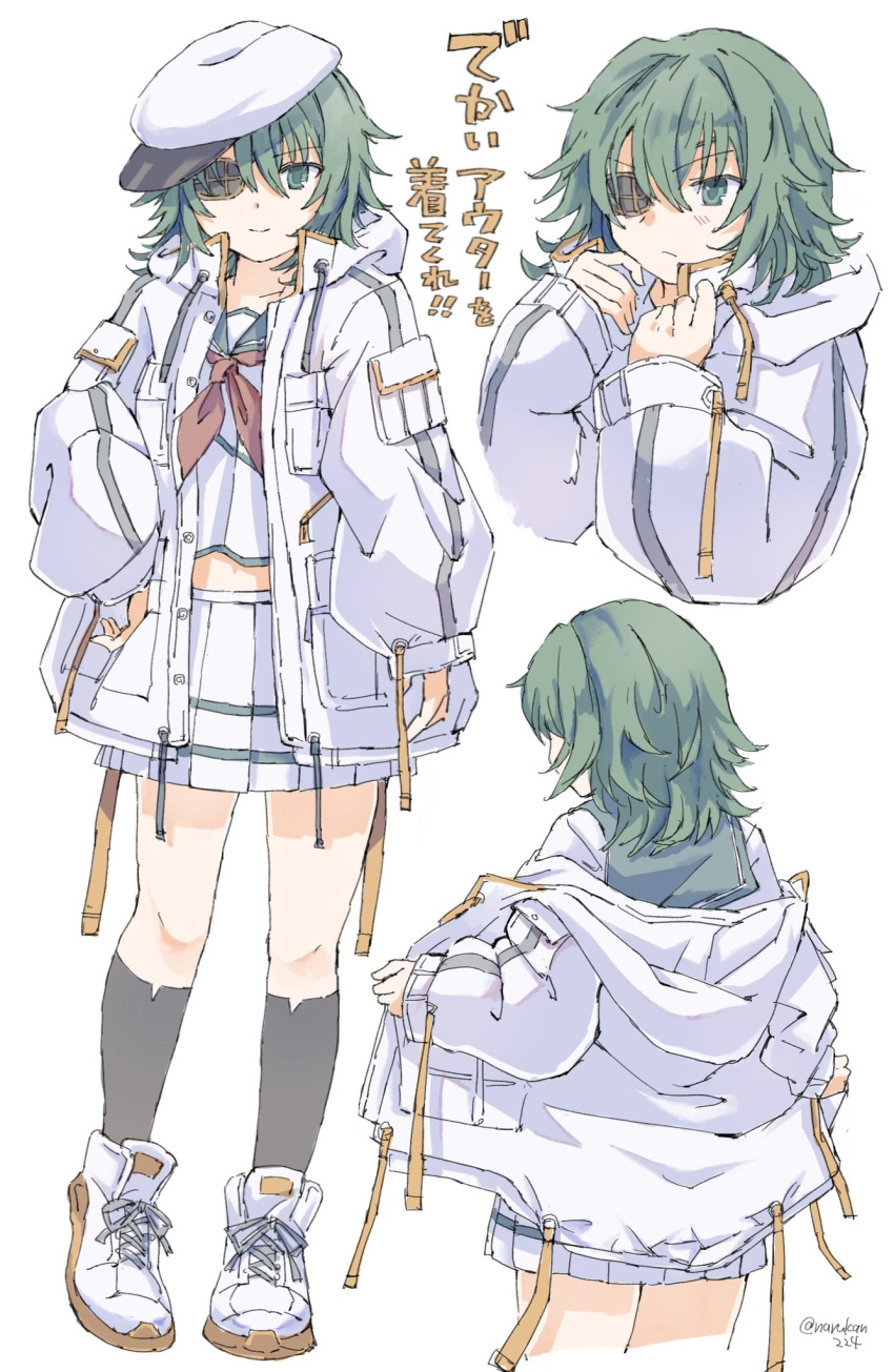 1girl, black_socks, closed_mouth, eyepatch, green_eyes, green_hair, hat, highres