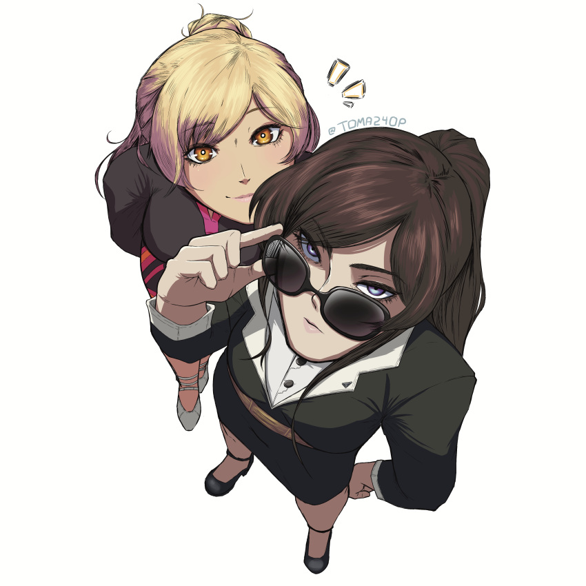 2girls, absurdres, adjusting_eyewear, black_dress, class_of_09, dress, expressionless, highres
