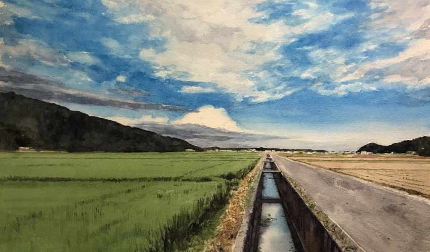blue_sky, canal, clouds, cloudy_sky, day, farm, field, highres
