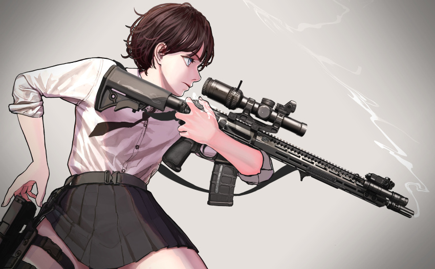 1girl, absurdres, ar-15, assault_rifle, belt, black_necktie, black_skirt, blue_eyes, brown_hair, closed_mouth, english_commentary, gradient_background, grey_background, gun, handgun, highres, holding, holding_gun, holding_weapon, holster, holstered, necktie, nyo551, original, pleated_skirt, rifle, scope, shirt, short_hair, simple_background, skirt, sleeves_rolled_up, smoke, smoking_barrel, solo, thigh_holster, weapon, white_shirt