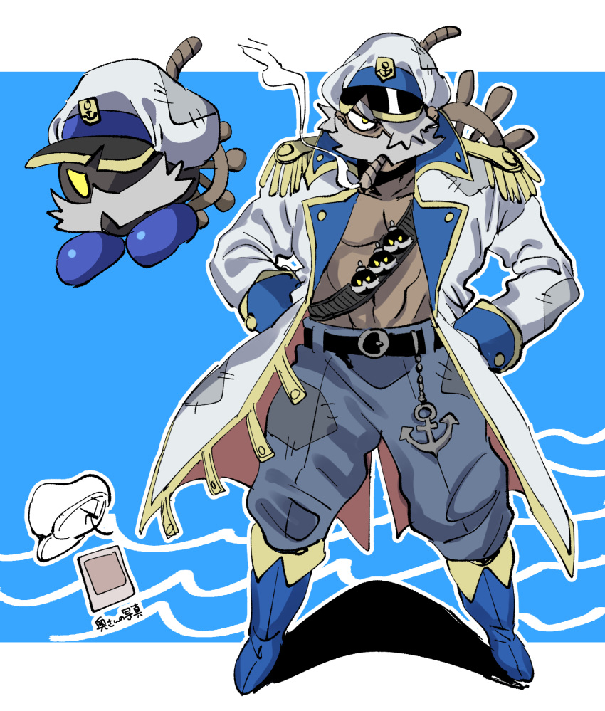 1boy, admiral_bobbery, anchor_ornament, bandolier, beard, belt, black_belt, blue_background