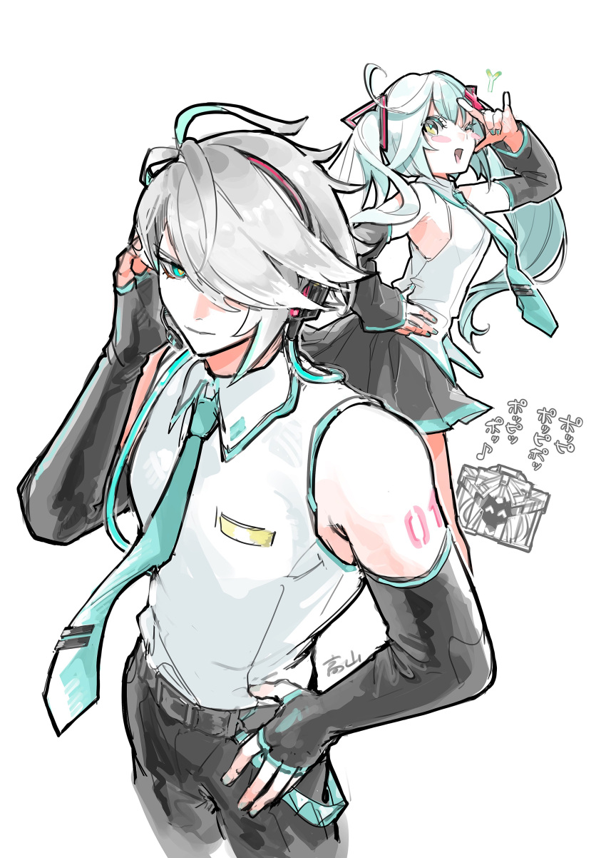 1boy, 1girl, \m/, absurdres, alhaitham_(genshin_impact), aqua_hair, aqua_necktie, black_skirt, black_sleeves, blush_stickers, closed_mouth, collared_shirt, cosplay, detached_sleeves, faruzan_(genshin_impact), genshin_impact, green_eyes, grey_hair, hair_ornament, hair_over_one_eye, hand_on_own_hip, hatsune_miku, hatsune_miku_(cosplay), hatsune_mikuo, hatsune_mikuo_(cosplay), headphones, headset, hevak_daisuki, highres, long_hair, mehrak_(genshin_impact), necktie, one_eye_closed, open_mouth, shirt, simple_background, skirt, sleeveless, sleeveless_shirt, vocaloid, white_background, white_shirt