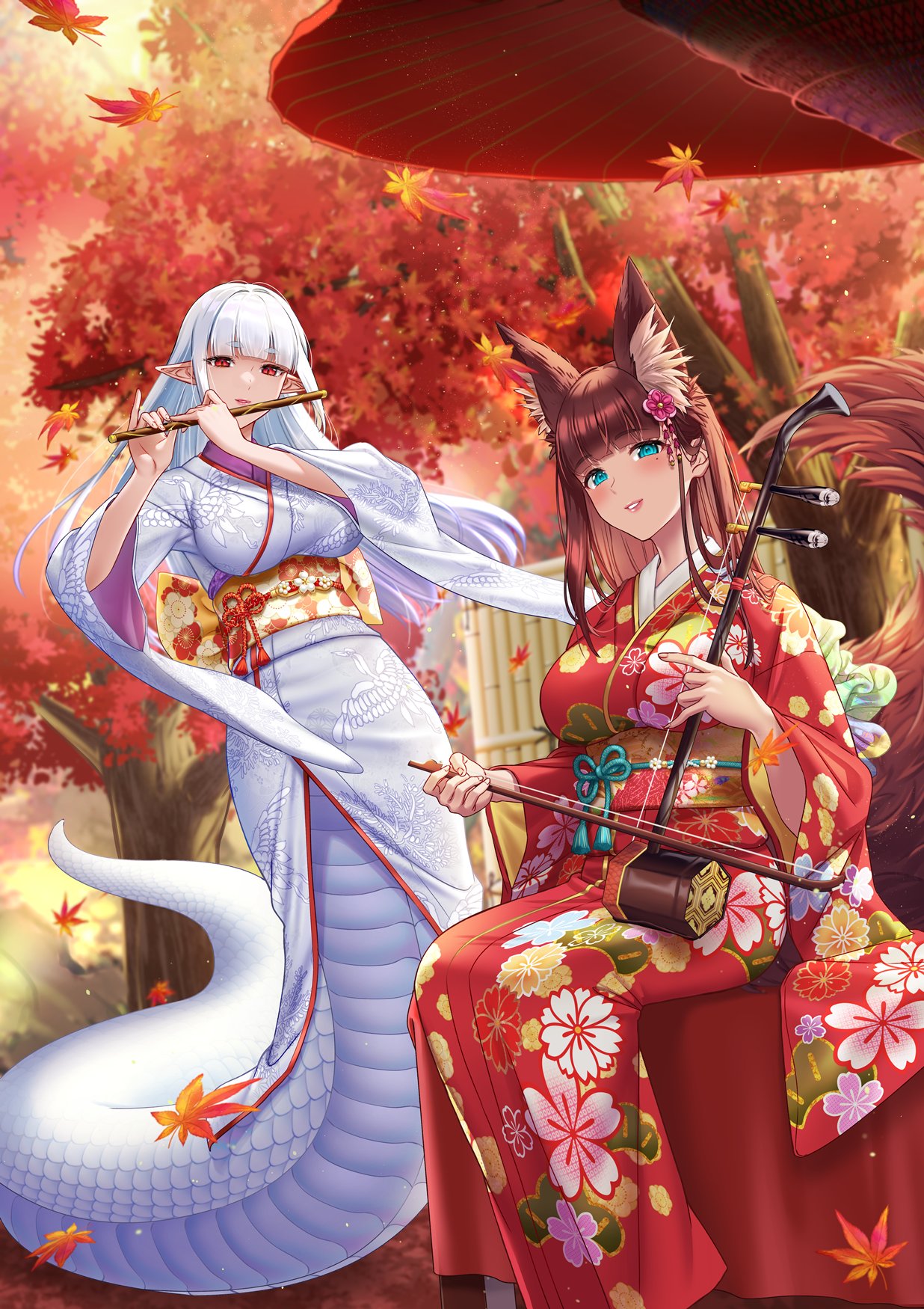 animal_ear_fluff, animal_ears, artist_request, blunt_bangs, blush, bow_(music), breasts, brown_hair, erhu, flute, fox_ears, fox_girl, fox_tail, green_eyes, highres, holding, holding_erhu, holding_instrument, instrument, japanese_clothes, kitsune, lamia, large_breasts, long_hair, looking_at_viewer, monster_girl, monster_girl_encyclopedia, music, original, playing_instrument, pointy_ears, priestess, red_eyes, scales, shirohebi_(monster_girl_encyclopedia), smile, tail, transverse_flute, very_long_hair, white_hair