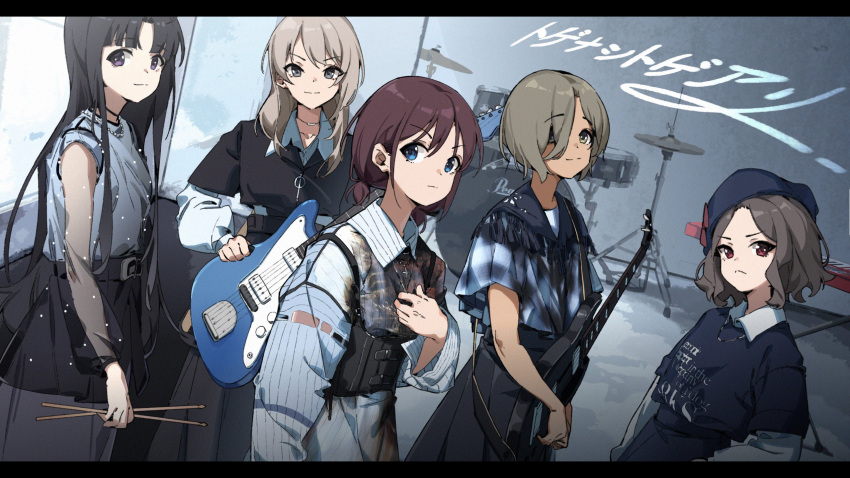 5girls, awa_subaru, bass_guitar, black_hair, black_shirt, black_skirt, blue_eyes, blue_hat