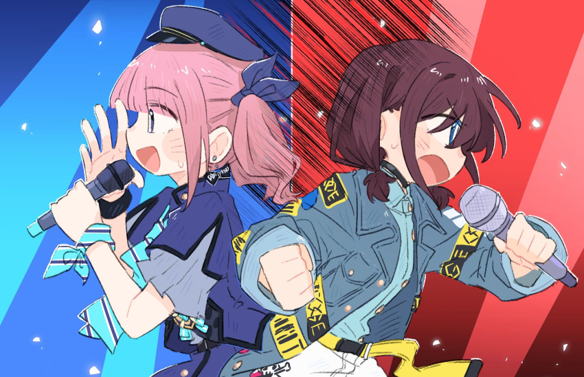 2girls, belt, black_choker, blue_background, blue_eyes, blue_hat, blue_jacket, blue_shirt