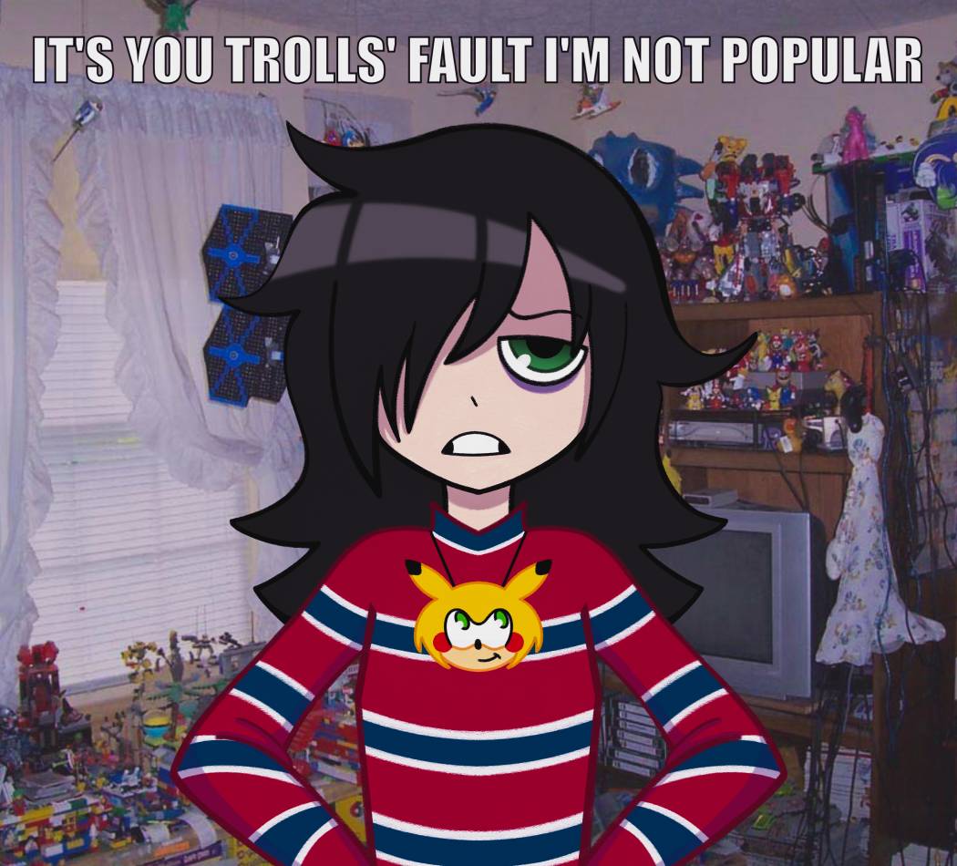 1girl, angry, bags_under_eyes, black_hair, cable, chris-chan, chris-chan_(cosplay), commentary, cosplay, crt, curtains, english_commentary, english_text, green_eyes, grimace, hair_over_one_eye, hands_on_own_hips, image_macro_(meme), impact_(font), lego, long_hair, long_sleeves, looking_at_viewer, mario, meme, my_little_pony, optimus_prime, otaku_room, penkangaroo, photo_background, pikachu, pokemon, raichu, shirt, solo, sonic_(series), sonic_the_hedgehog, sonichu, star_wars, striped_clothes, striped_shirt, super_mario_bros., television, transformers, turtleneck, upper_body, videocassette, watashi_ga_motenai_no_wa_dou_kangaetemo_omaera_ga_warui!, window, x-wing