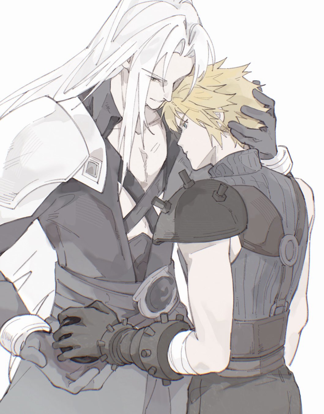 2boys, armor, bandaged_arm, bandages, belt, black_belt, black_coat, black_gloves