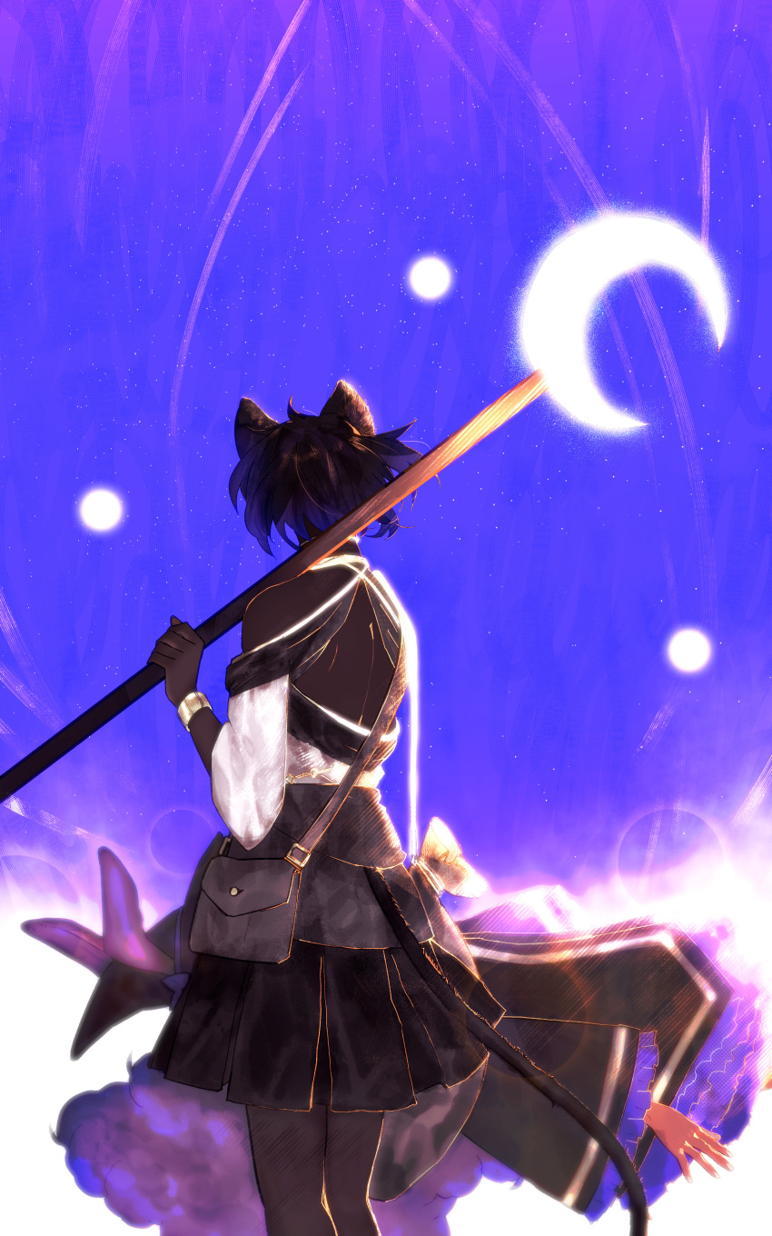1girl, absurdres, animal_ears, asha_the_shopkeeper_cat, aura, backless_shirt, bag, black_hair