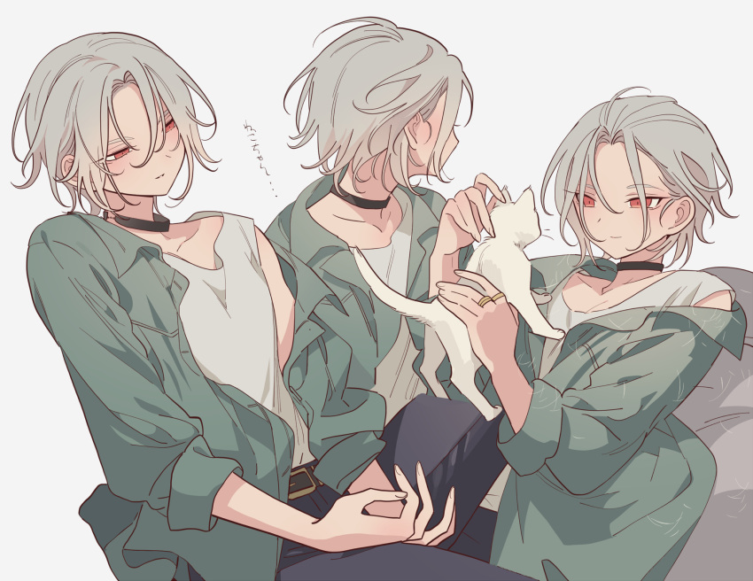1boy, alternate_hair_length, alternate_hairstyle, animal, bad_id, bad_pixiv_id, black_choker, black_pants