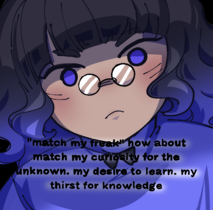 1girl, black-framed_eyewear, black_hair, blunt_bangs, capelet, closed_mouth, english_text, frown, glasses, gradient_hair, looking_at_viewer, lygofer, medium_bangs, medium_hair, multicolored_hair, pince-nez, purple_capelet, purple_hair, rabbit_and_steel, round_eyewear, solo, twili_the_valedictorian_crow, upper_body, violet_eyes, wavy_hair