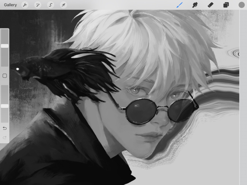 1boy, 3aem, animal, art_program_in_frame, black_fish, black_jacket, close-up, closed_mouth