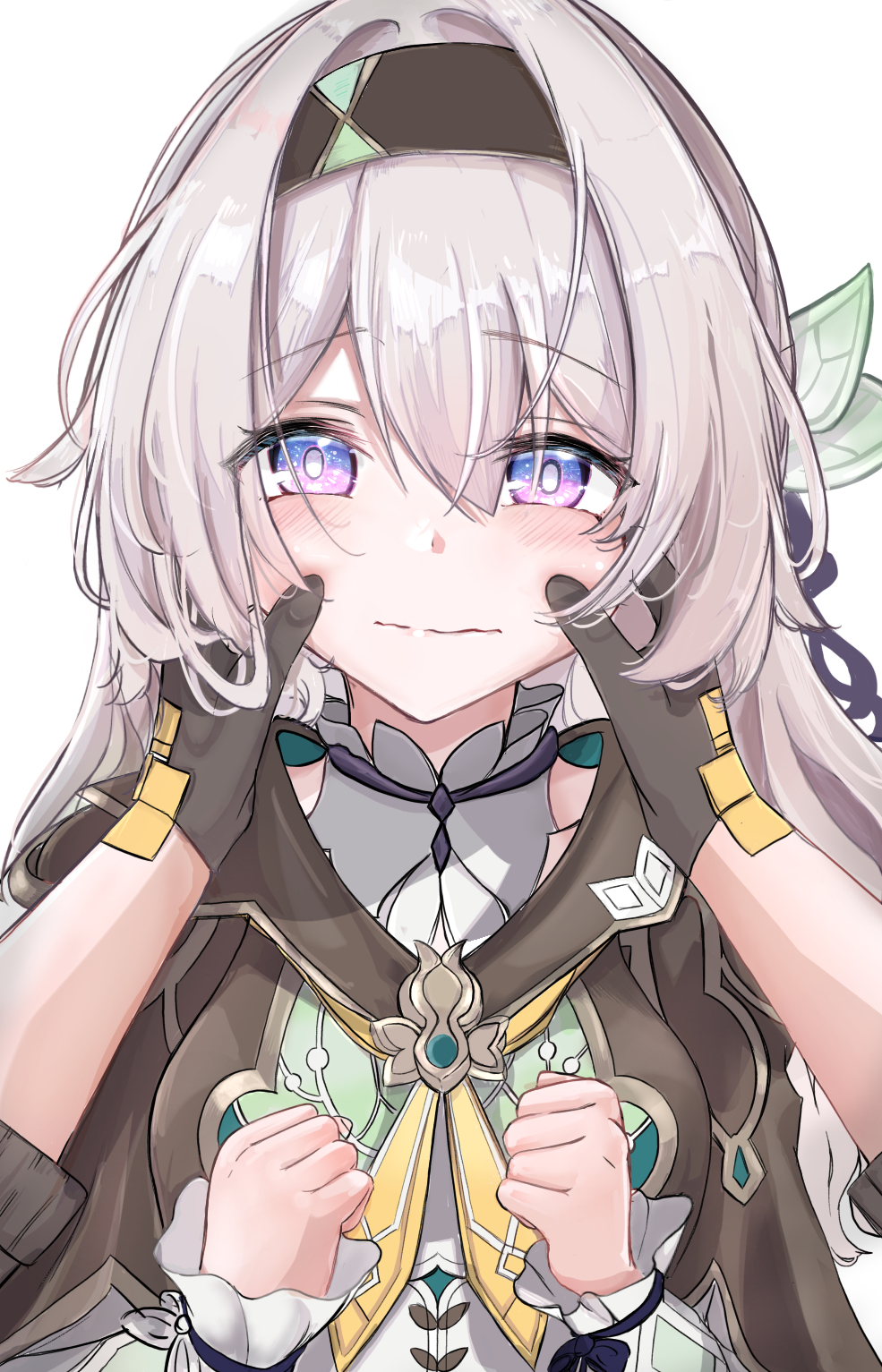 2girls, black_gloves, black_hairband, blush, breasts, brown_jacket, cheek_pinching, clenched_hands