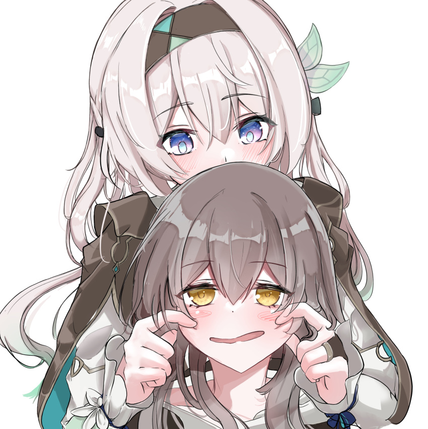 2girls, black_hairband, black_jacket, blue_eyes, blue_pupils, blush, blush_stickers, bridal_gauntlets