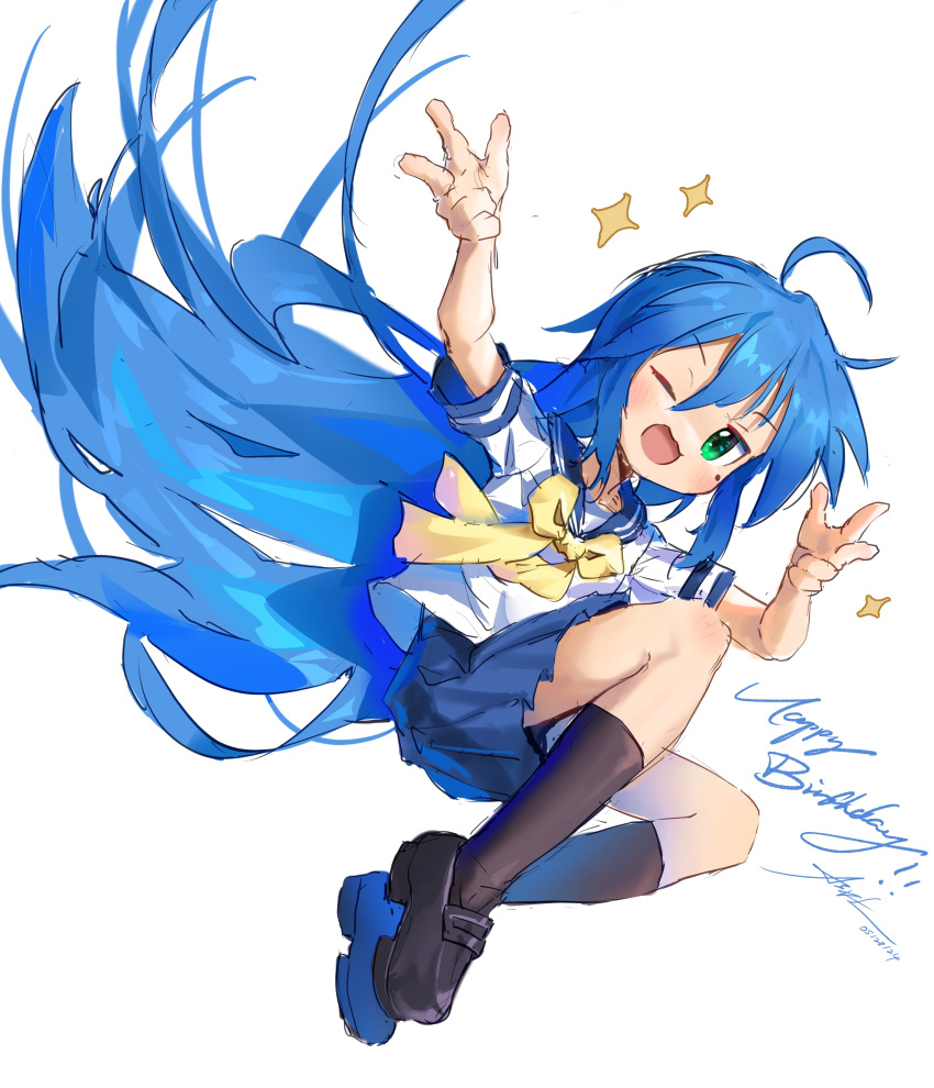 1girl, :3, absurdres, ahoge, ap04astral, blue_hair, blue_sailor_collar, blue_skirt, bow, double_v, full_body, green_eyes, happy_birthday, highres, izumi_konata, lucky_star, mole, mole_under_eye, one_eye_closed, open_mouth, pleated_skirt, ryouou_school_uniform, sailor_collar, school_uniform, serafuku, simple_background, skirt, smile, solo, sparkle, summer_uniform, v, white_background, yellow_bow