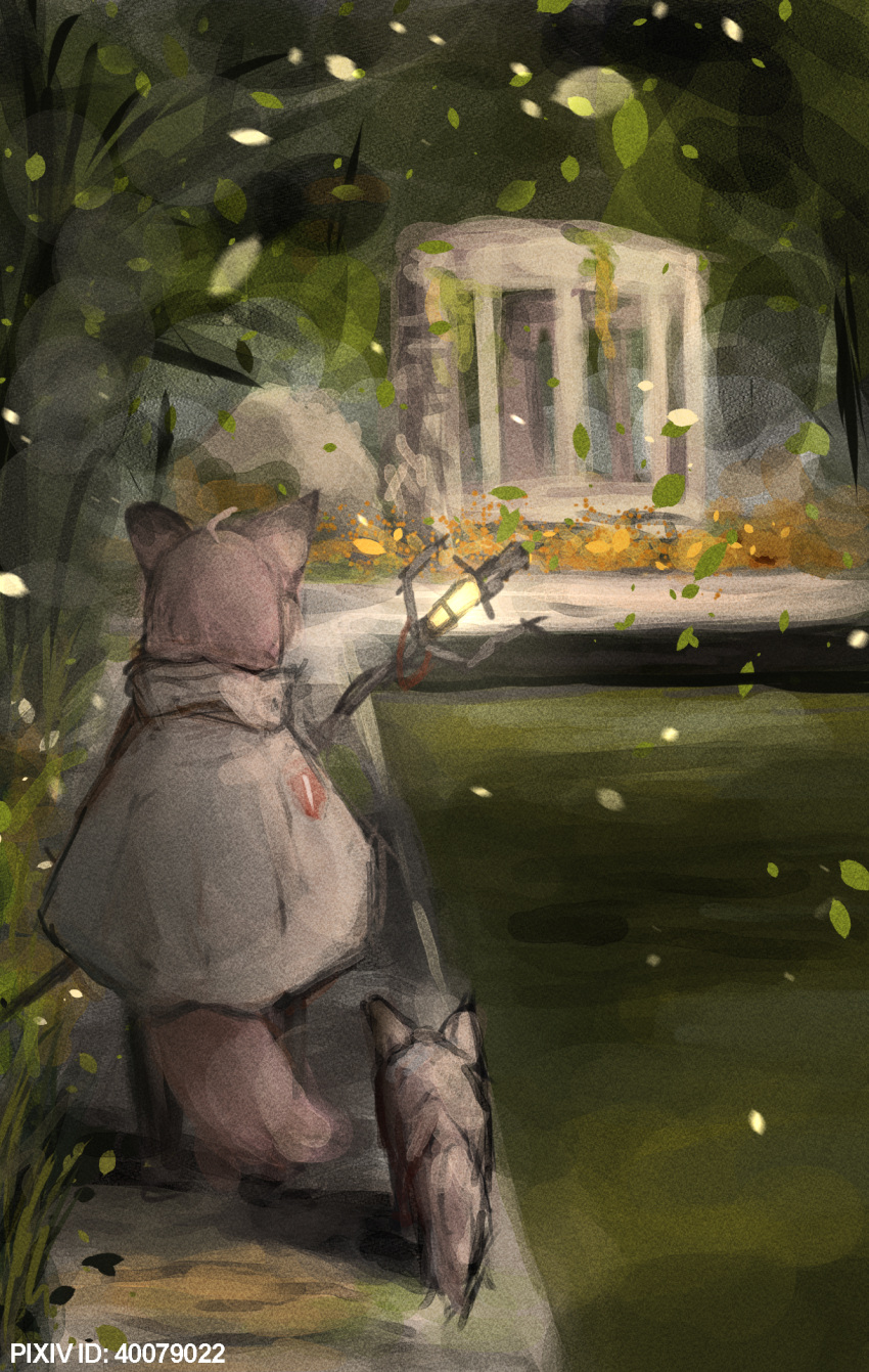 1girl, ahoge, animal, animal_ears, arknights, coat, commentary_request, english_commentary, falling_leaves, fox, fox_ears, fox_girl, fox_tail, gazebo, highres, leaf, mixed-language_commentary, outdoors, pink_hair, pixiv_id, solo, sussurro_(arknights), tail, turnip_eh, white_coat