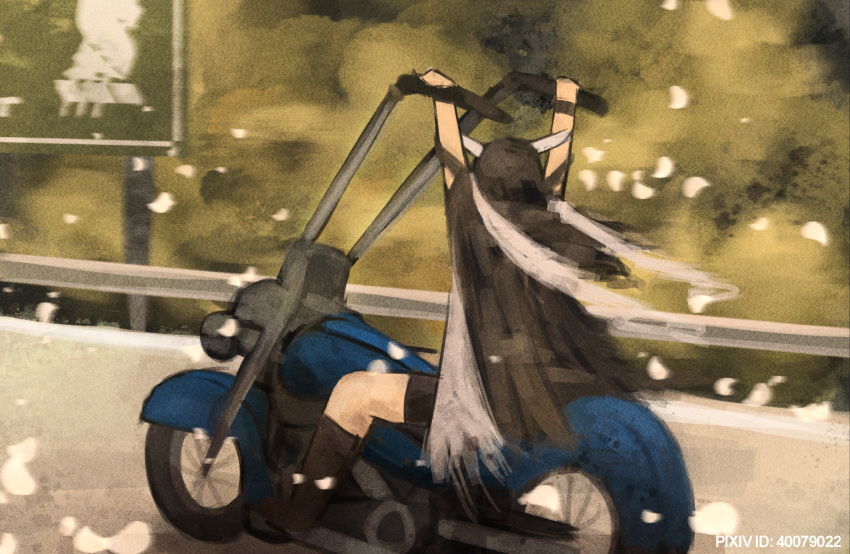 1girl, arknights, black_robe, commentary_request, driving, english_commentary, highres, horns, long_hair, mixed-language_commentary, motor_vehicle, motorcycle, outdoors, pixiv_id, road, robe, shining_(arknights), solo, turnip_eh, white_hair