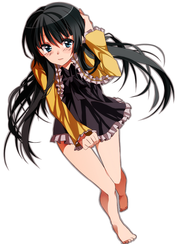 barefoot, black_hair, blue_eyes, frills, hayama_tatsukichi, legs, mm!, sengashira_kanoko
