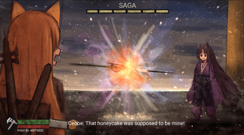 2girls, :t, animal_ears, arknights, black_hair, blank_stare, brown_hair, ceobe_(arknights)