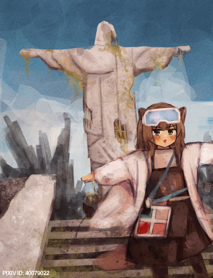 1girl, apron, arknights, blush, brown_apron, brown_eyes, brown_hair, coat