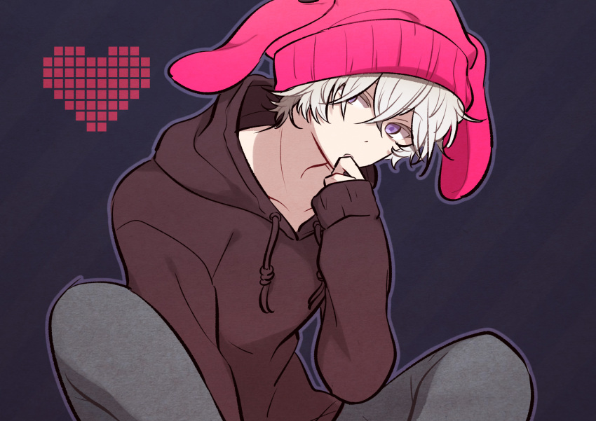 1boy, animal_hood, bags_under_eyes, biseibutu, gnosia, grey_hair, hair_between_eyes, heart