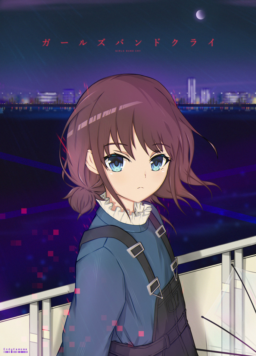 1girl, absurdres, artist_name, black_overalls, blue_eyes, blue_shirt, brown_hair, city