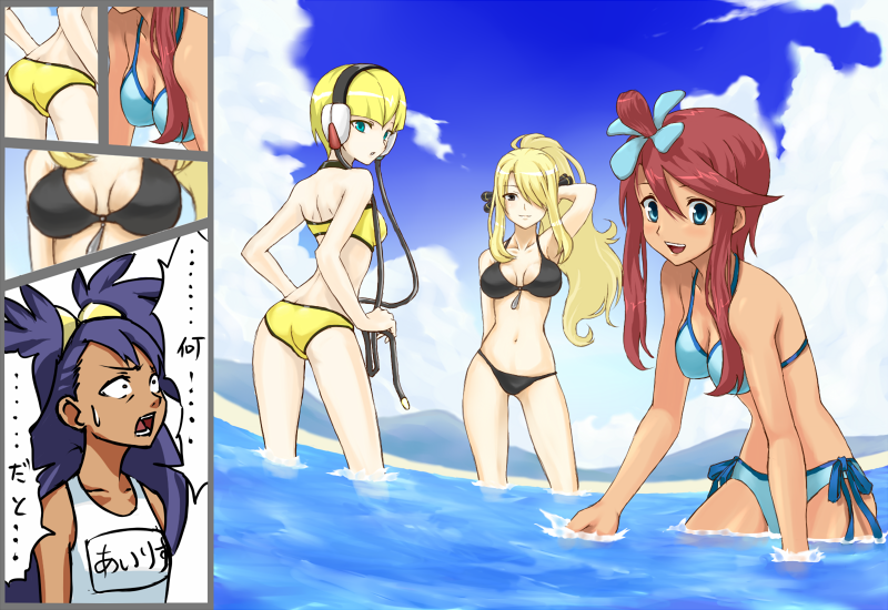 4girls, aqua_eyes, bare_shoulders, beach, bikini, blonde_hair, blue_eyes, bob_cut