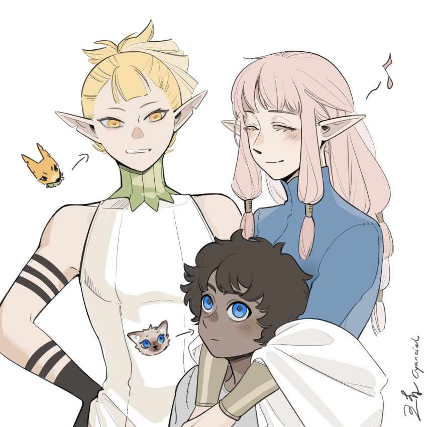 1girl, 2boys, arm_tattoo, black_hair, blonde_hair, blue_eyes, blush, chibi