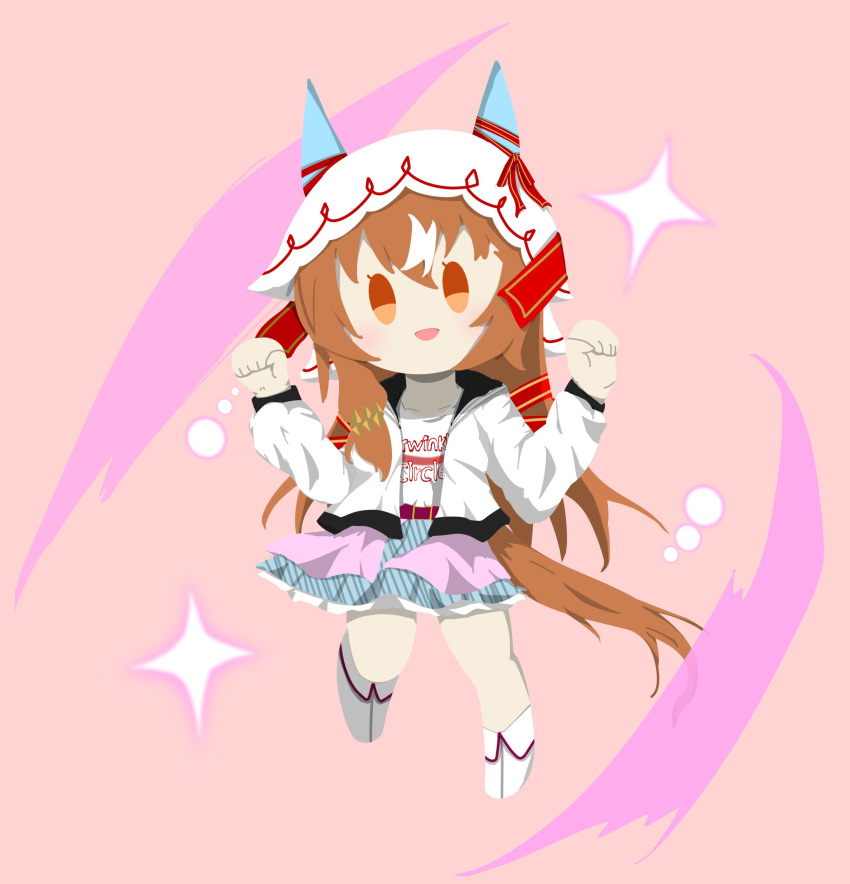 1girl, absurdres, brown_hair, casual, chibi, clenched_hands, collarbone, doluckyo, full_body, hair_between_eyes, hair_ornament, highres, horse_girl, jacket, looking_at_viewer, pink_background, red_eyes, shirt, simple_background, solo, still_in_love_(umamusume), umamusume