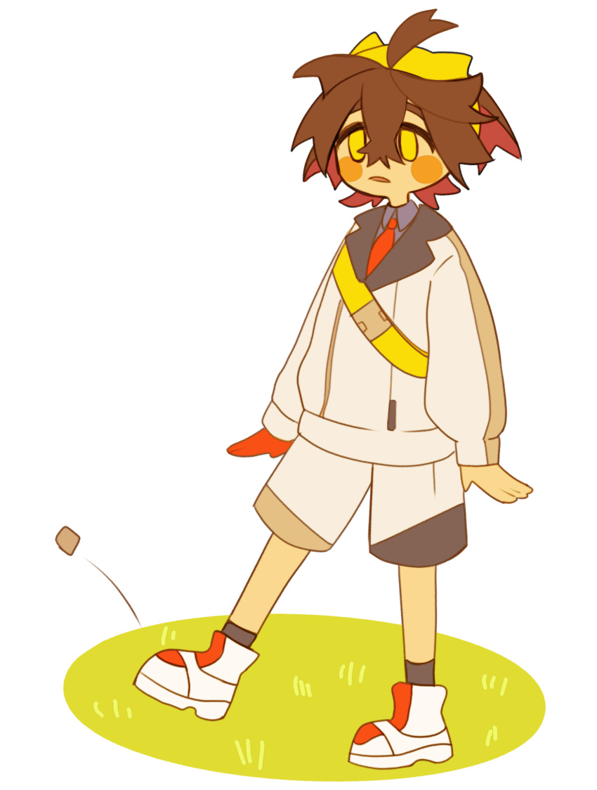 1boy, absurdres, black_hair, blue_shirt, blue_socks, collared_shirt, crossed_bangs, full_body