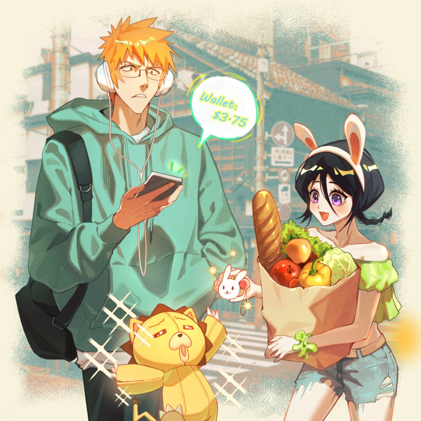 1girl, 2boys, animal_charm, animal_ears, bag, bell_pepper, belt, black_hair