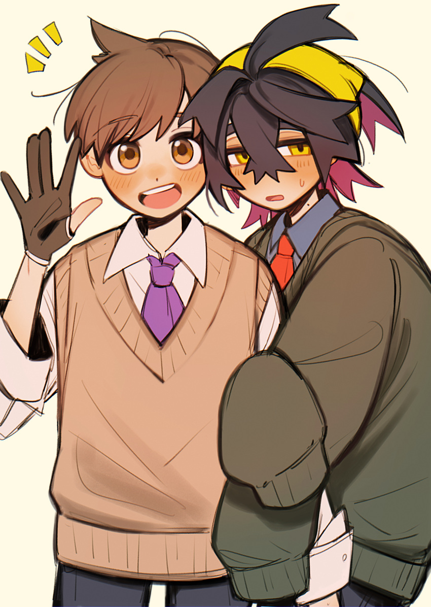 2boys, :d, absurdres, alternate_costume, black_gloves, black_hair, blush, brown_eyes