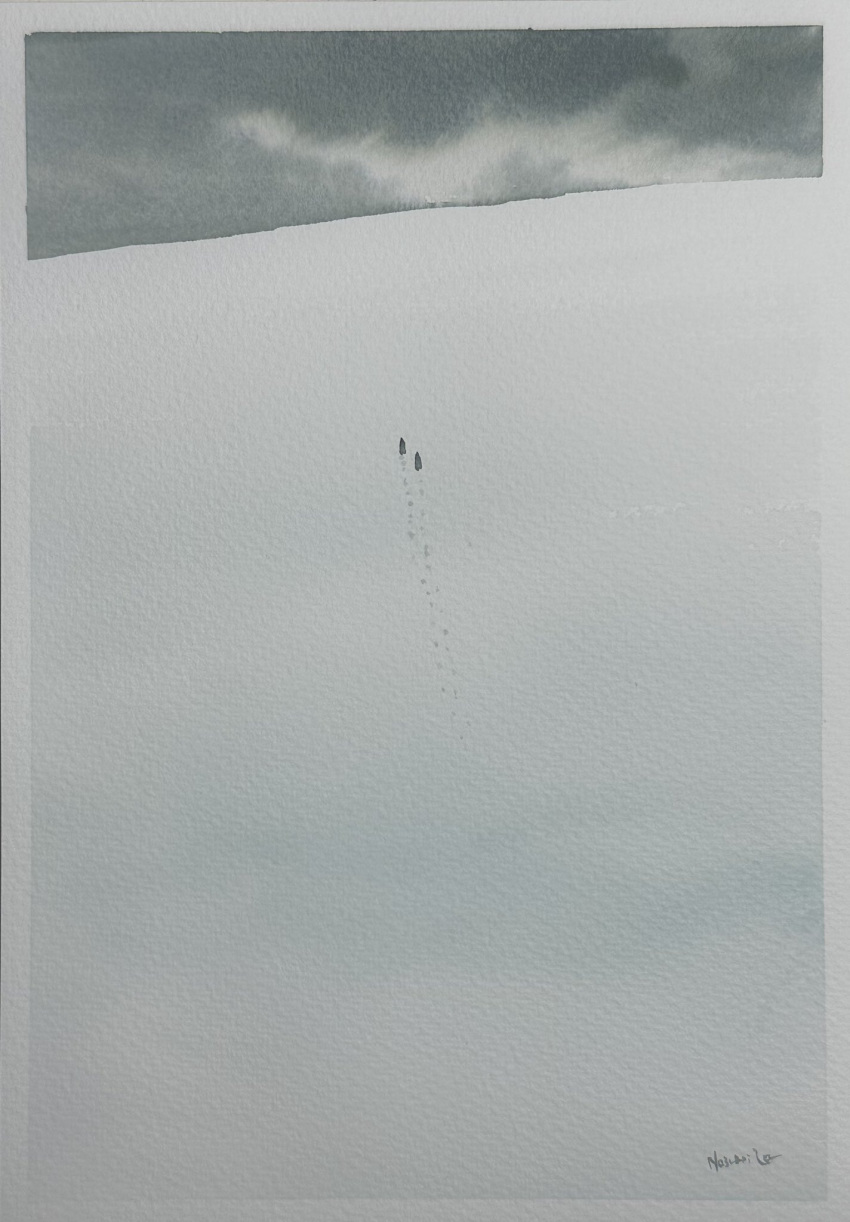 2others, clouds, cloudy_sky, footprints, grey_sky, highres, mouen_tw, mountain