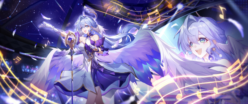 1girl, absurdres, alternate_costume, anjilu, bare_shoulders, blue_hair, bracelet, detached_sleeves