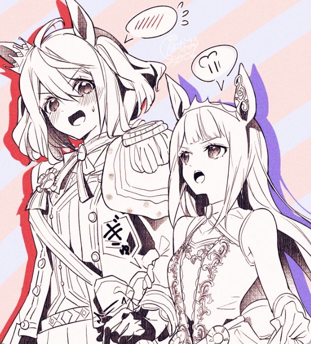 2girls, ahoge, asymmetrical_bangs, bare_shoulders, blunt_bangs, commentary, crown, dress, ear_ornament, epaulettes, fang, gloves, greyscale_with_colored_background, hanaozi_hin, kitasan_black_(final_bloom)_(umamusume), kitasan_black_(umamusume), looking_down, mini_crown, multiple_girls, nontraditional_wedding_dress, official_alternate_costume, official_alternate_hairstyle, open_mouth, puff_of_air, sideways_glance, single_epaulette, skirt_hold, sleeveless, sleeveless_dress, speech_bubble, spoken_blush, spoken_expression, sweatdrop, sweep_tosho_(realize_rune)_(umamusume), sweep_tosho_(umamusume), teeth, two_side_up, umamusume, upper_teeth_only