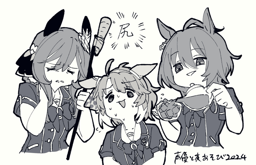 3girls, agnes_tachyon_(umamusume), ahoge, asymmetrical_bangs, bow, bowtie, braided_hair_rings, closed_jacket, commentary_request, cup, dantsu_flame_(umamusume), ear_covers, ear_ornament, earrings, ears_down, flying_sweatdrops, fukushima_haruna, gentildonna_(umamusume), greyscale, hair_between_eyes, highres, holding, holding_cup, holding_microphone_stand, holding_teapot, jewelry, lapel_pin, medium_hair, microphone_stand, monochrome, multicolored_hair, multiple_girls, navel, nervous, nervous_sweating, pouring, serizawa_yuu, short_sleeves, sidelocks, single_earring, sugar_cube, sweat, takatsuki_nato, tea, teacup, teapot, translation_request, uesaka_sumire, umamusume, voice_actor_connection