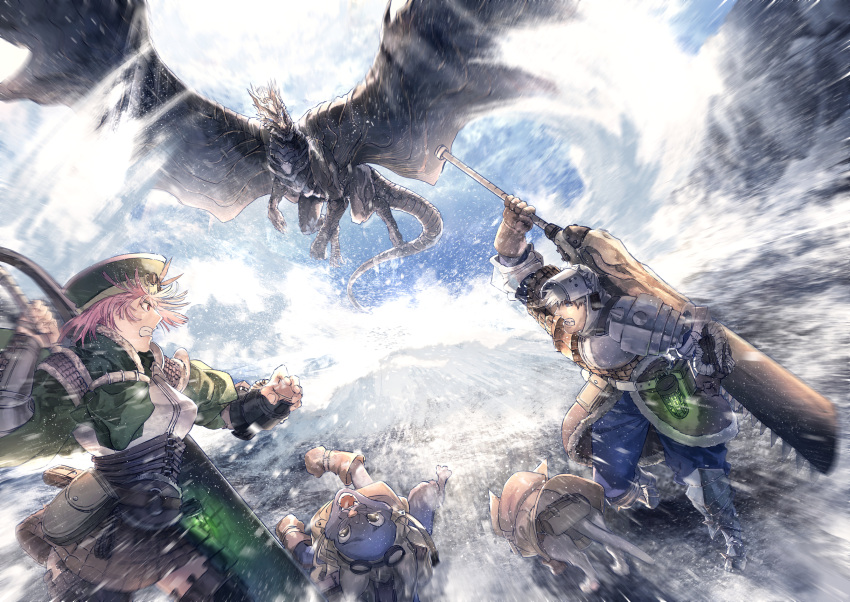 1boy, 1girl, 2others, ambiguous_gender, animal_ears, armor, asymmetrical_armor, belt