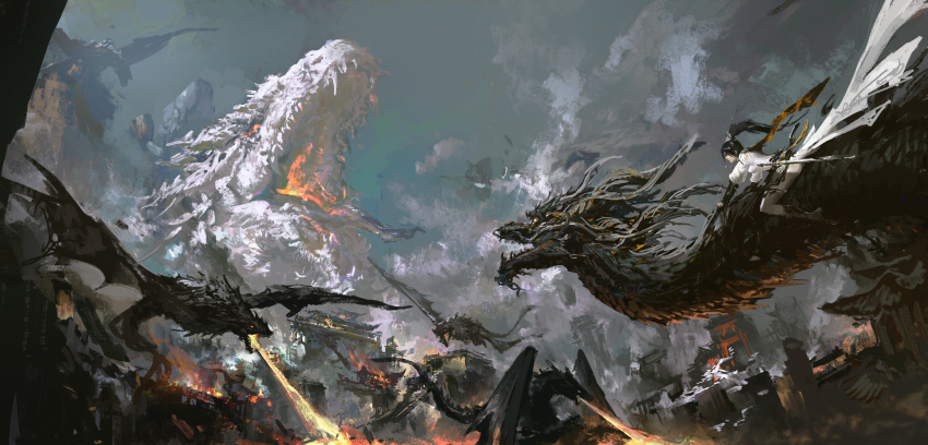 1girl, absurdres, animal_focus, backward_facing_horns, breath_weapon, breathing_fire, commentary_request, dragon