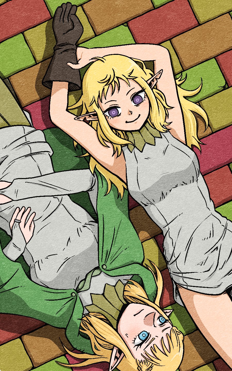 2girls, arms_up, blonde_hair, blue_eyes, cloak, dungeon_meshi, elf, fleki, gloves, gorget, green_cloak, hayate_dare, highres, hood, hooded_cloak, long_hair, long_sleeves, lying, multiple_girls, notched_ear, on_back, pattadol, pointy_ears, single_glove, sleeveless, smile, tunic, violet_eyes