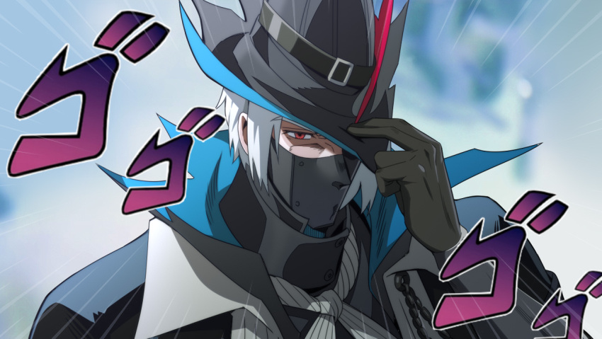 1boy, arknights, black_coat, black_gloves, black_hat, black_shirt, coat, commentary_request