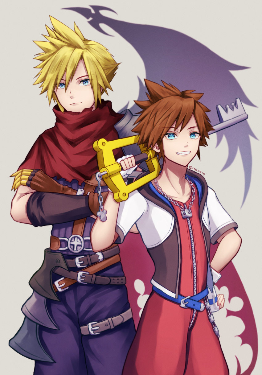 2boys, absurdres, artist_name, belt, black_belt, black_shirt, blue_belt, blue_eyes