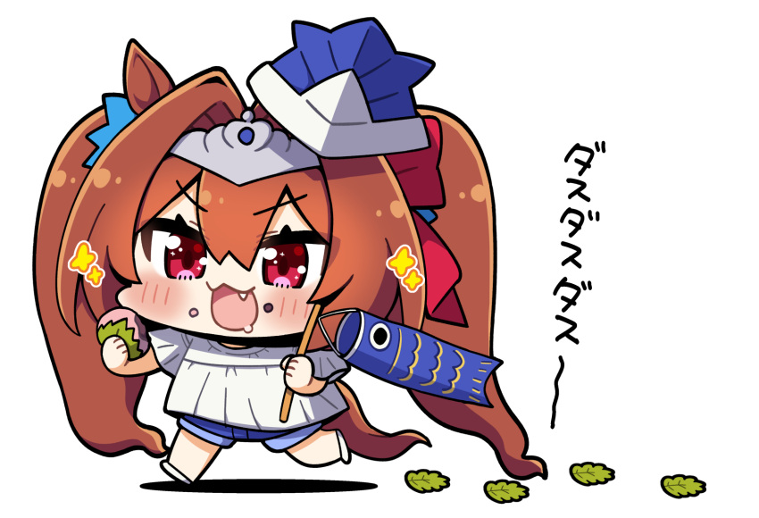 1girl, aged_down, animal_ears, blue_shorts, brown_hair, chibi, children's_day, commentary_request