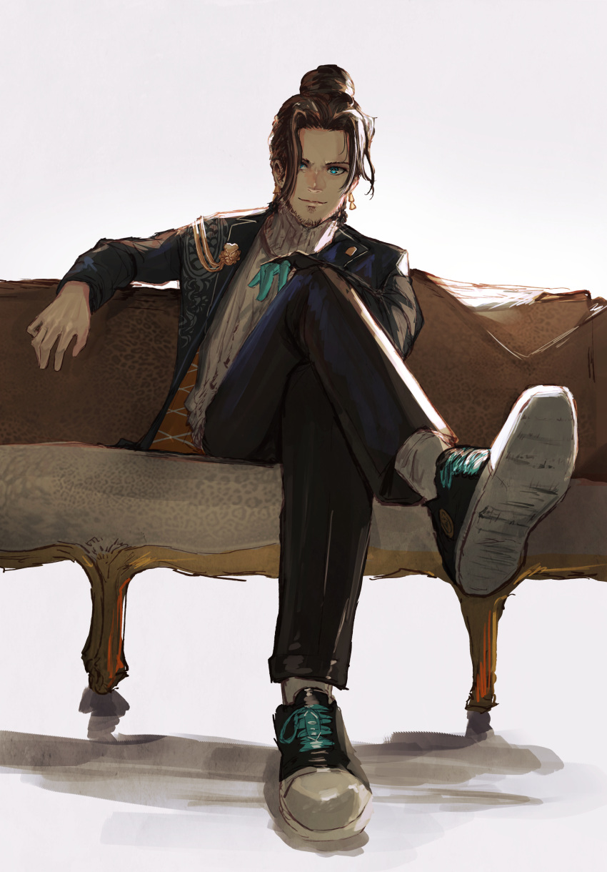 1boy, absurdres, advarcher, alternate_costume, beard_stubble, black_hair, black_pants, blue_skin