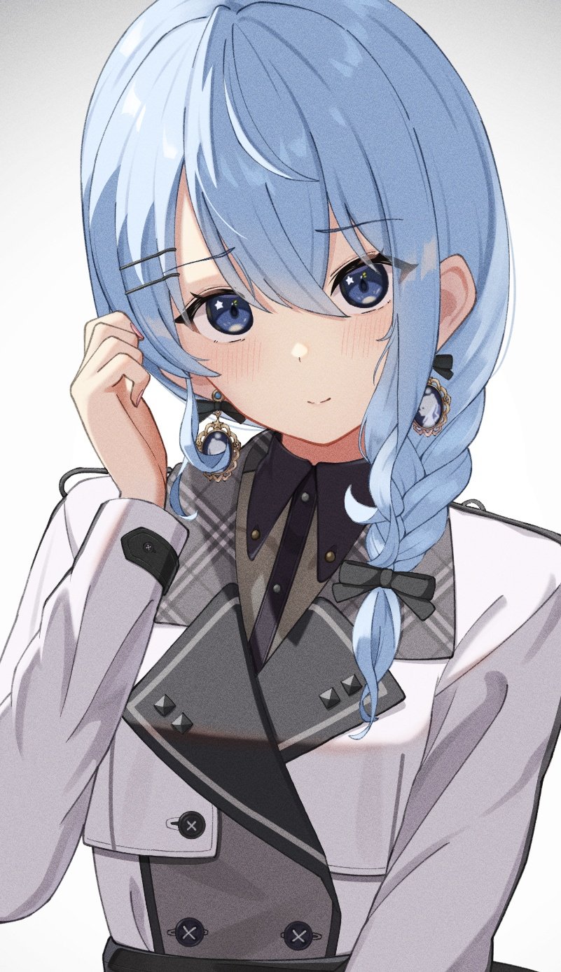 1girl, blue_eyes, blue_hair, blush, braid, coat, commentary_request, double-parted_bangs