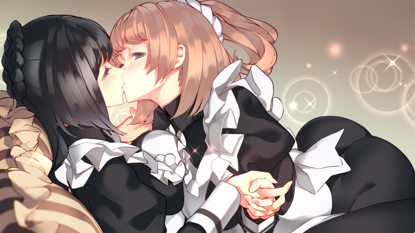2girls, apron, black_hair, blackberry_honey, blurry, blush, bokeh, breasts