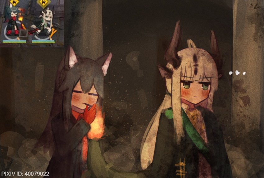 ..., 2girls, ahoge, animal_ears, arknights, bad_id, bad_pixiv_id, black_coat