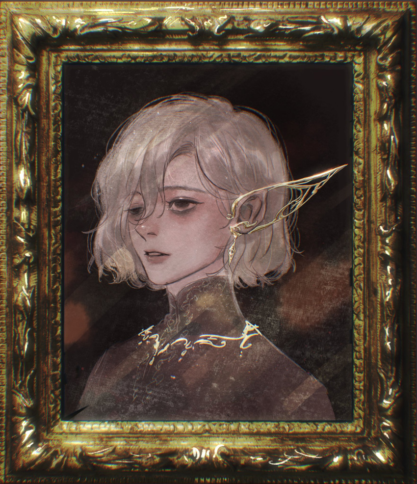 1boy, bags_under_eyes, black_eyes, dungeon_meshi, ear_ornament, elf, grey_hair, highres, lazy_eye, long_sleeves, male_focus, mandarin_collar, mithrun, mmoro035, notched_ear, picture_frame, pointy_ears, portrait, shirt, short_hair, solo, uneven_eyes, wavy_hair