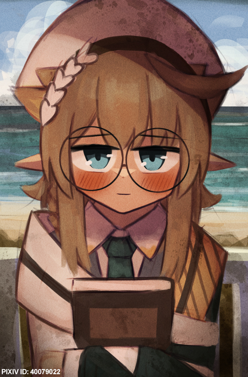 1girl, ahoge, arknights, beach, blue_eyes, blush, book, brown_hair