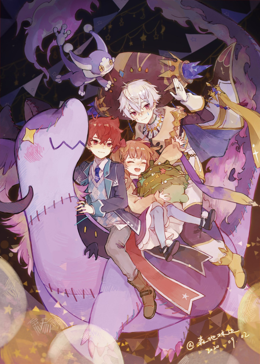 >_<, 1girl, 2boys, :d, animal, artist_name, assistia_(merc_storia), bacheally